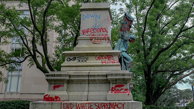 Albert Pike pedestal covered in graffiti.